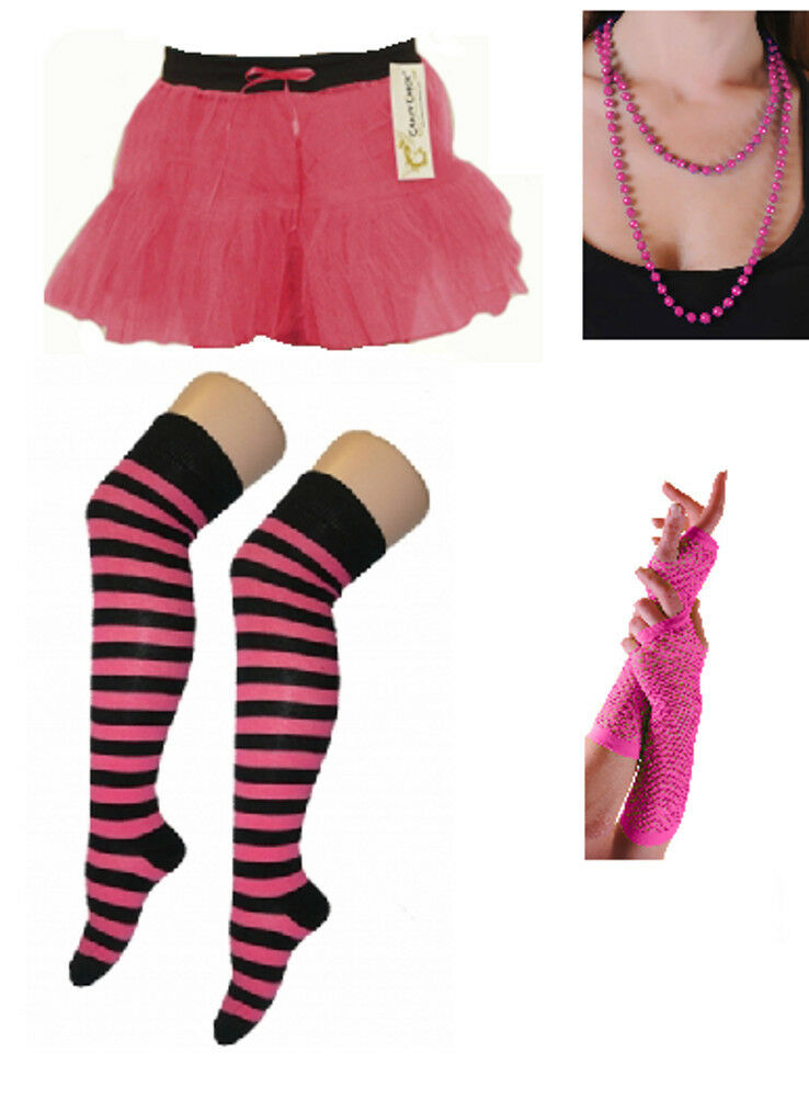 Ladies 80's Themed Neon Pink 4 Piece Set.