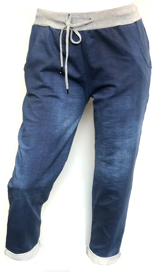 Ladies Italian Dark Denim Cropped Lounge Pants. Sizes 8-14, 16-18 Available.