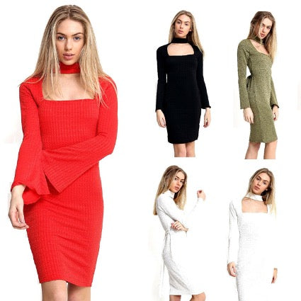 Flared Sleeve Choker Neck Dress