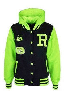 Children's "R" Logo Baseball Jackets. These Are Perfect For The Cooler Summer Days. They Are Press Stud Fastened At The Front.The Cuffs And Waist band Are Ribbed Elastic. 2 Pockets At the Front. Available In Sizes 3-14 In neon Green & Black
