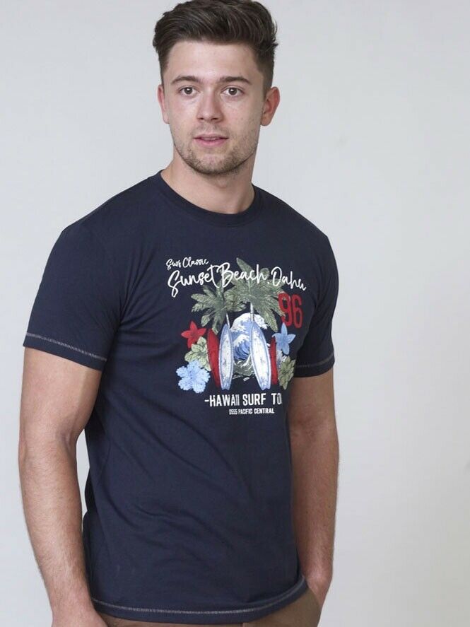 Men's Navy Blue "Sunset Beach" Design T-Shirt