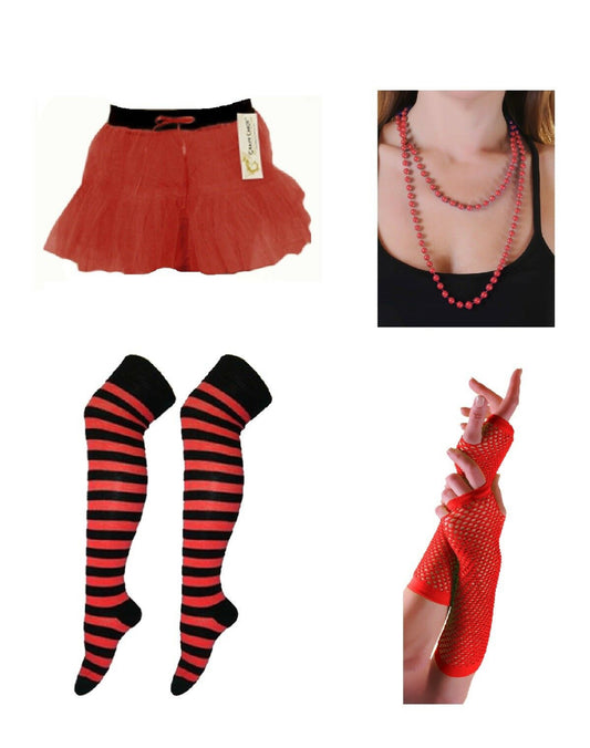 Women's 70s 80s Retro Theme 4 Piece Costume Set Including Striped Socks, Gloves, Necklace & Tutu Skirt