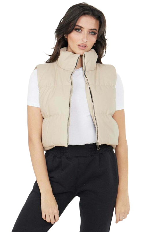Faux Leather Puffer Padded Gilet Cropped Jacket