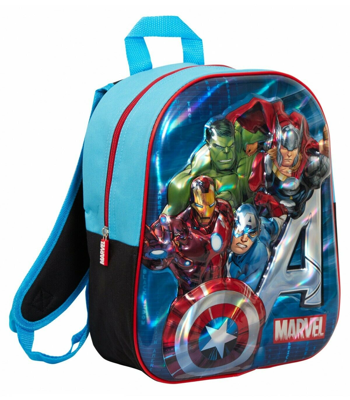 Marvel Avengers Blue 3D Backpack. This Is Perfect For Any Marvel Fan. The Straps Are Adjustable And Slightly Padded. The Main Compartment Of The Bag Is Secured With A Zip Going Across The Top. This Is Suitable For Nursey Or School As Has A Hook On The Top So It Can Be Hung.