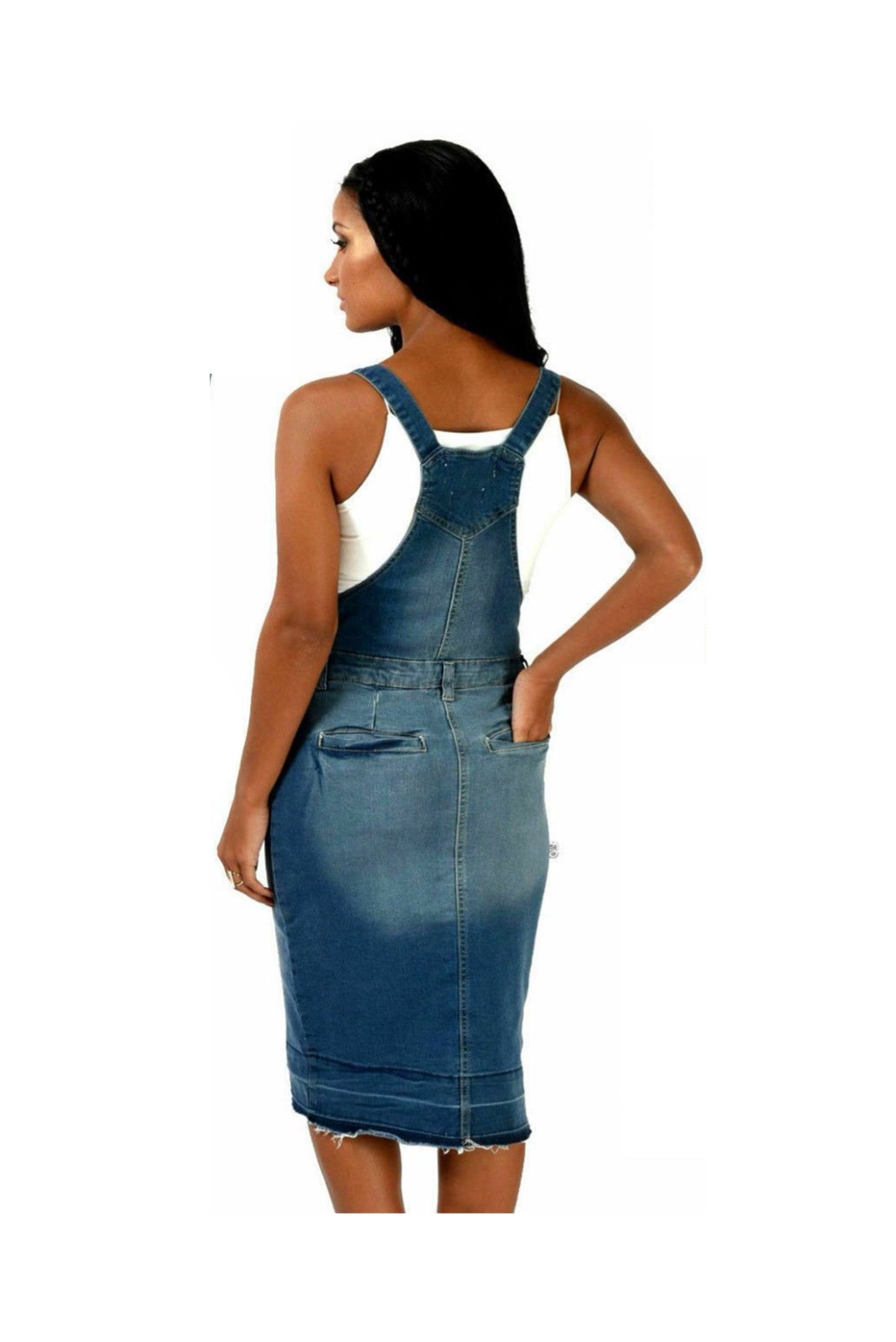 Denim Knee Length Pinafore Dress