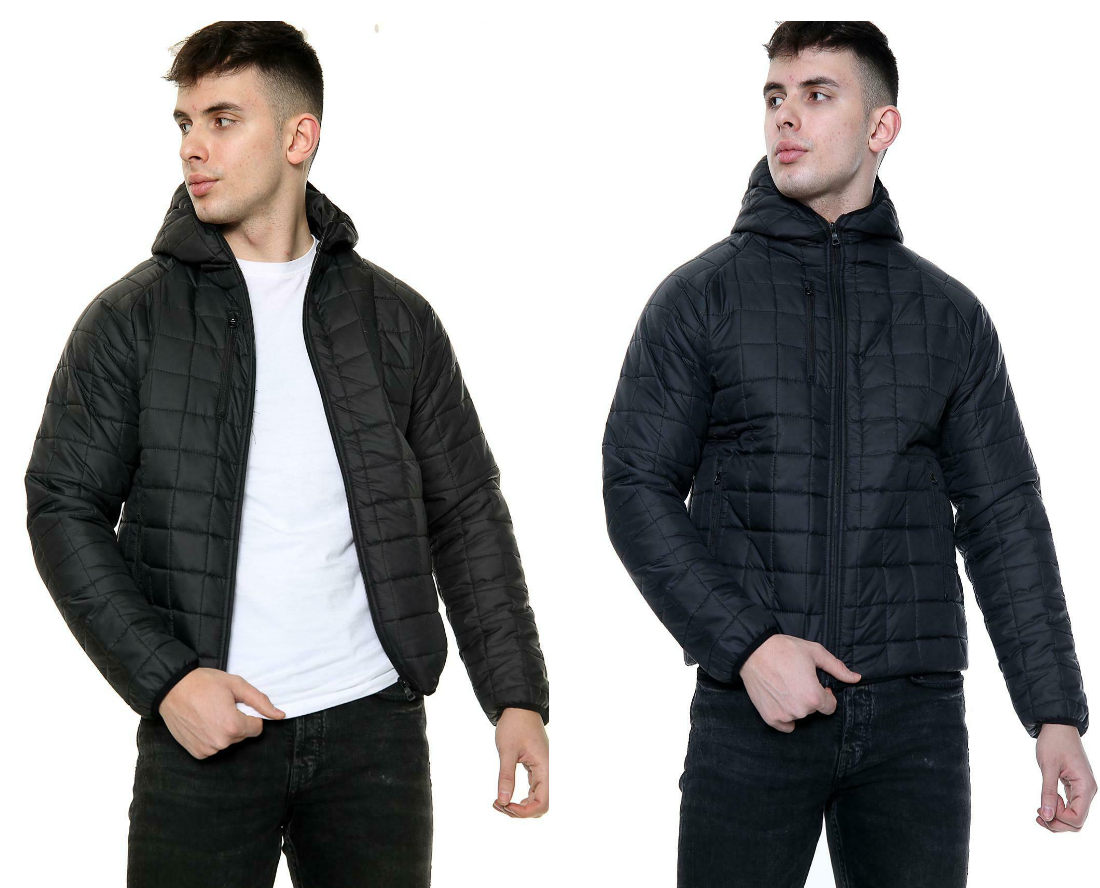 Men's Bubble Jackets With Hood In Black & Navy. They Are Front Zip Fastening With 2 Side Pockets A Breast Outer Pocket And Also An Inner Pocket. Available In Black or Navy And From Size Small With Chest Size Of Up To 42" To A 2 X _large Which Goes Up To A Chest Size Of Up To 50".