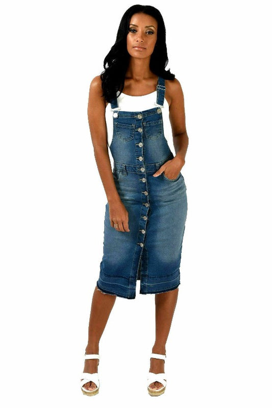 Denim Knee Length Pinafore Dress