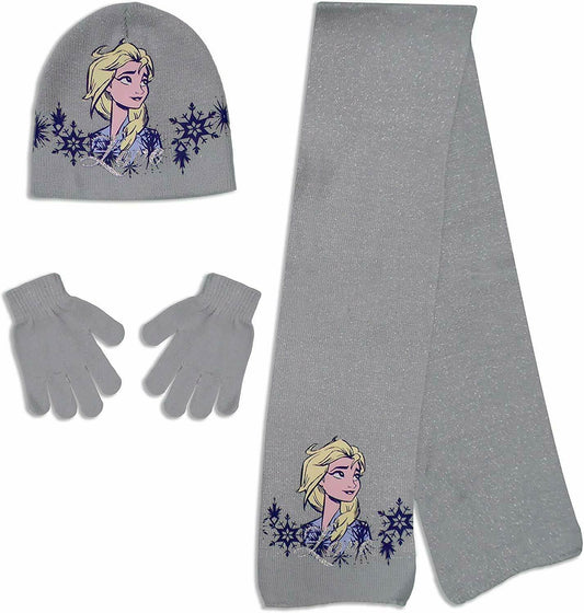 Children's Licensed Frozen 3 Piece Silver Grey Winter Accessories Set. Ages 2-8.