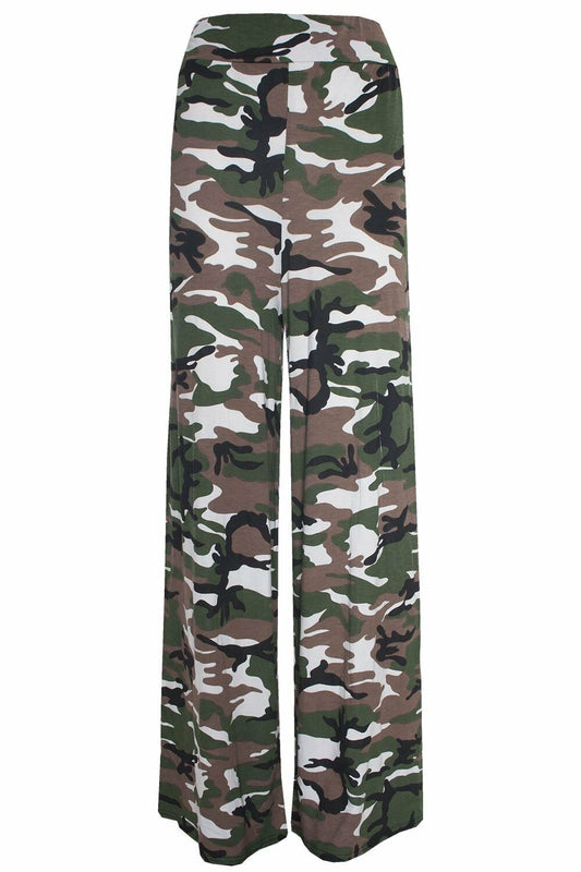 Ladies Palazzo Pants In Army Camo Design.