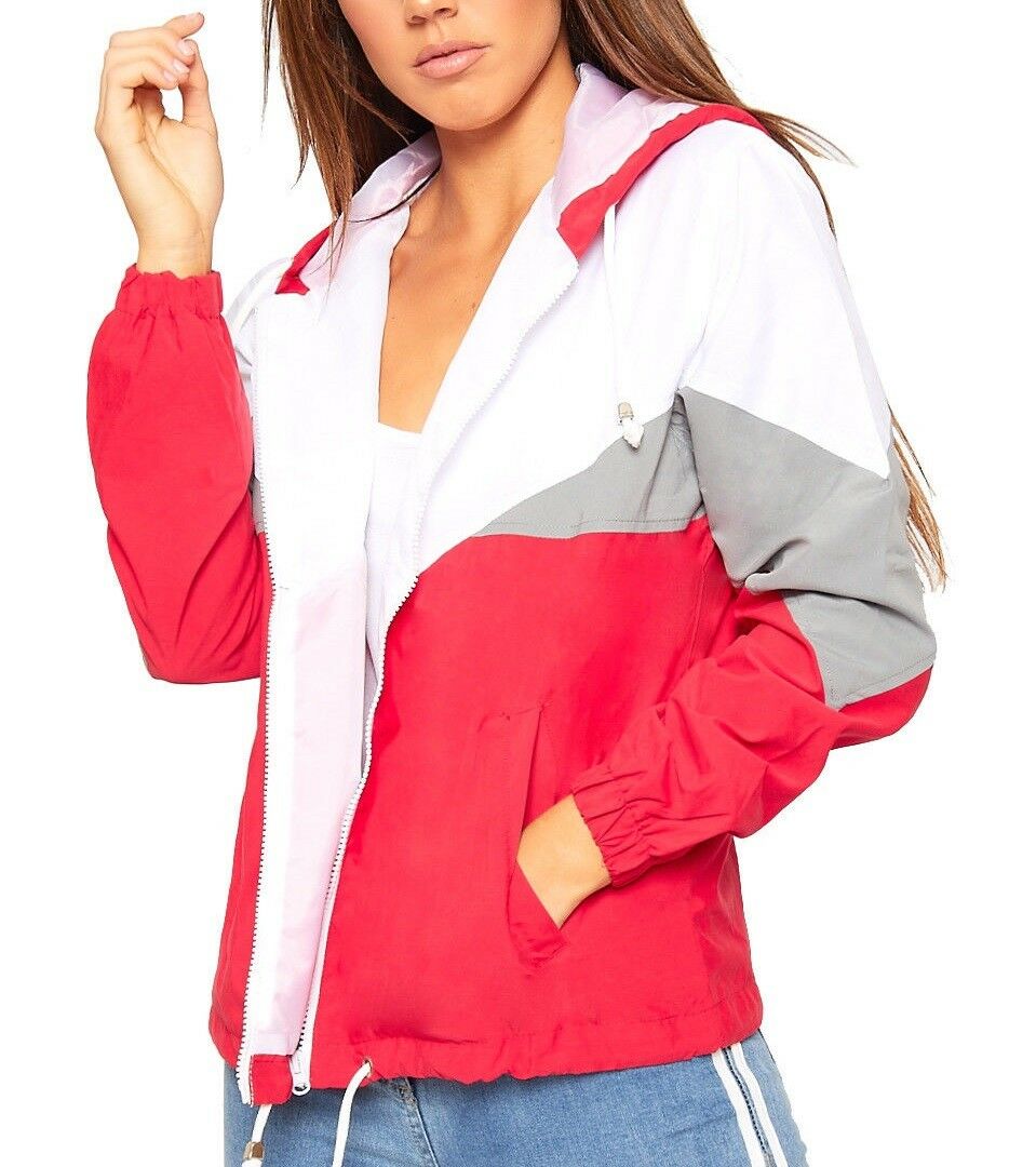 Ladies Red, Grey & White Contrast Block Windbreaker.
