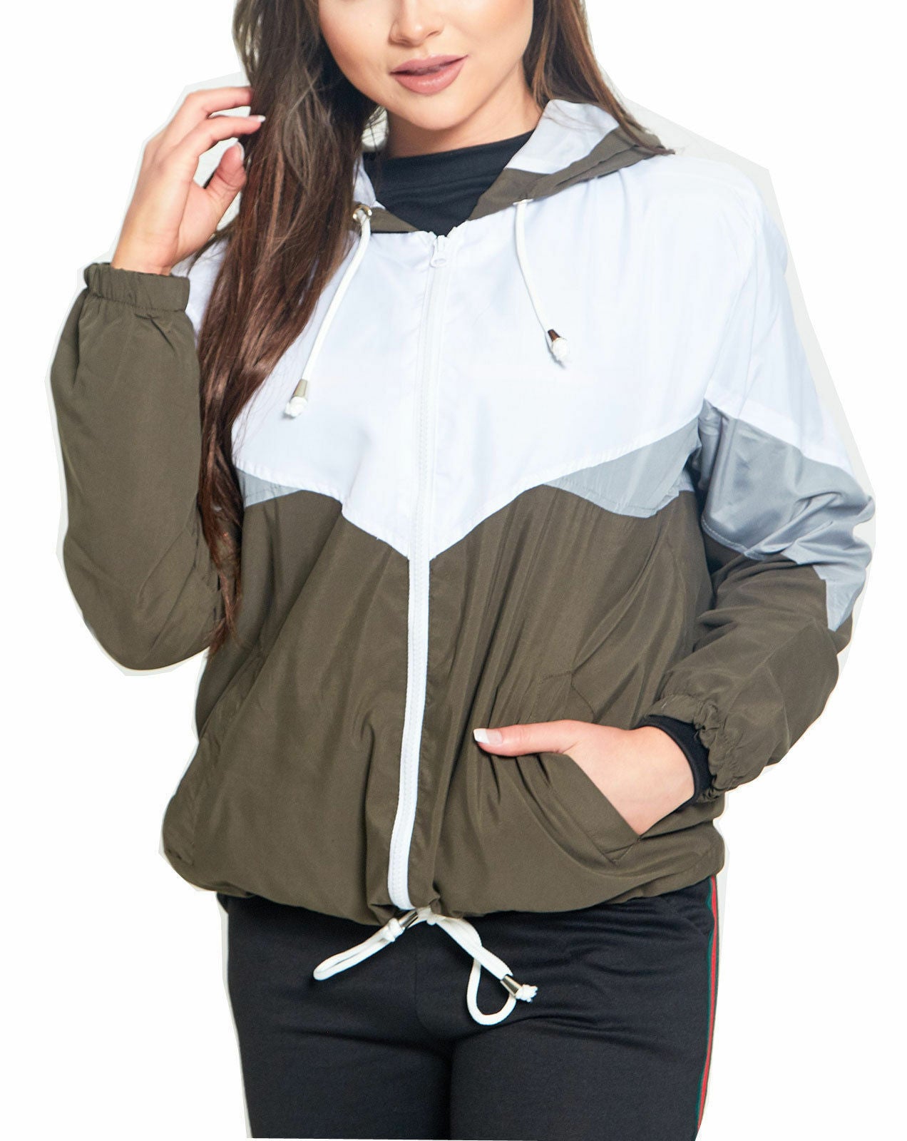 Ladies Contrast Windbreaker In Khaki, Grey & White.