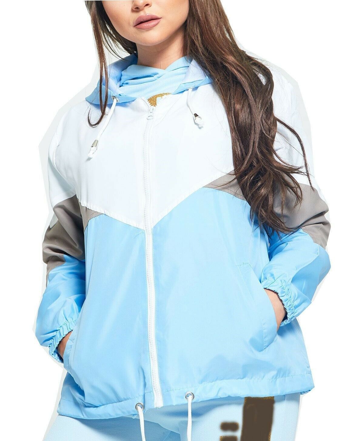 Ladies Contrast Windbreaker In Sky Blue, Grey & White.