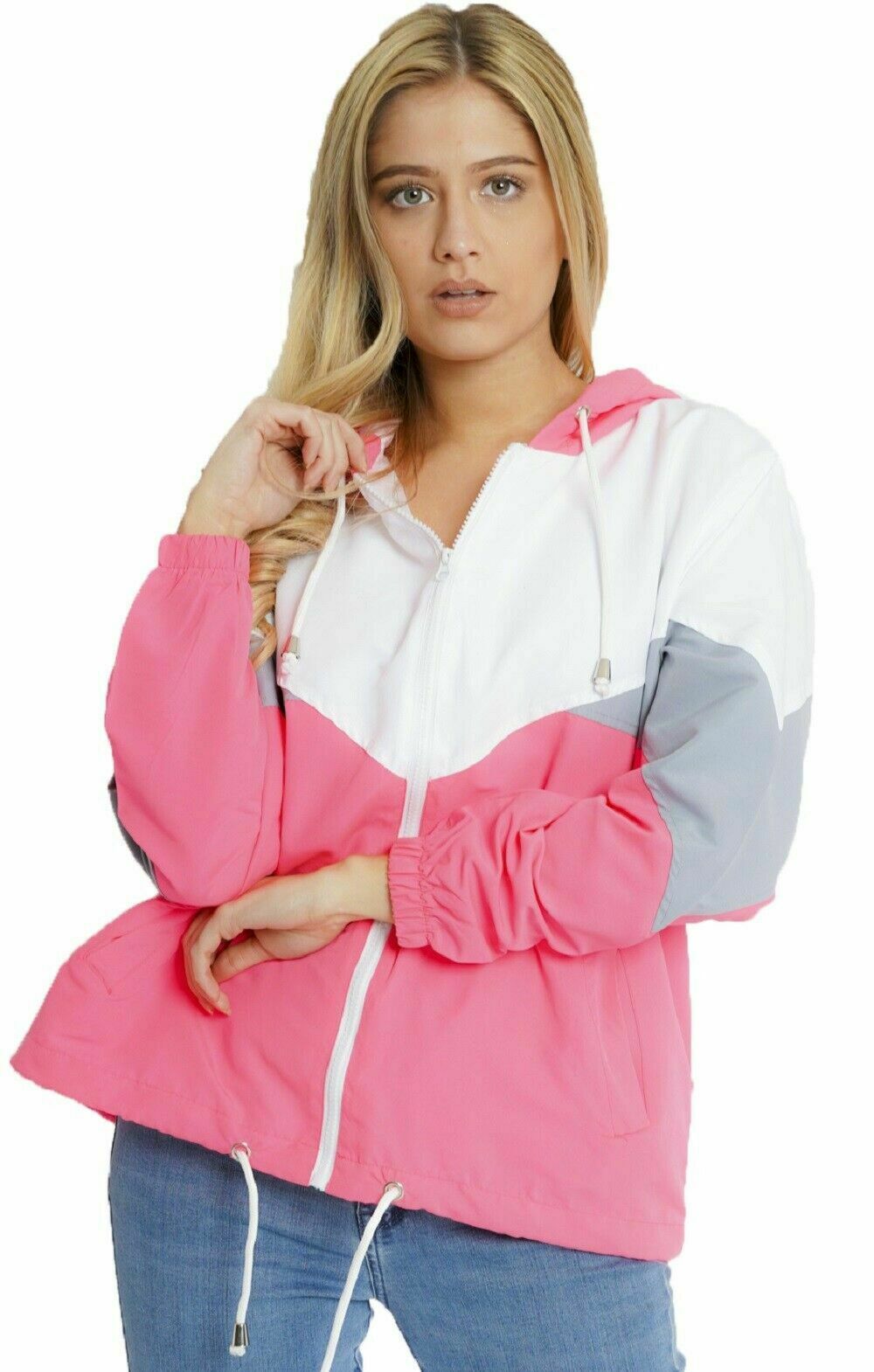 Ladies Contrast Windbreaker In Hot Pink, Grey 7 White.