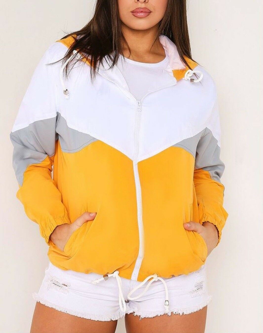 Ladies Contrast Windbreaker In Mustard, Grey & White.