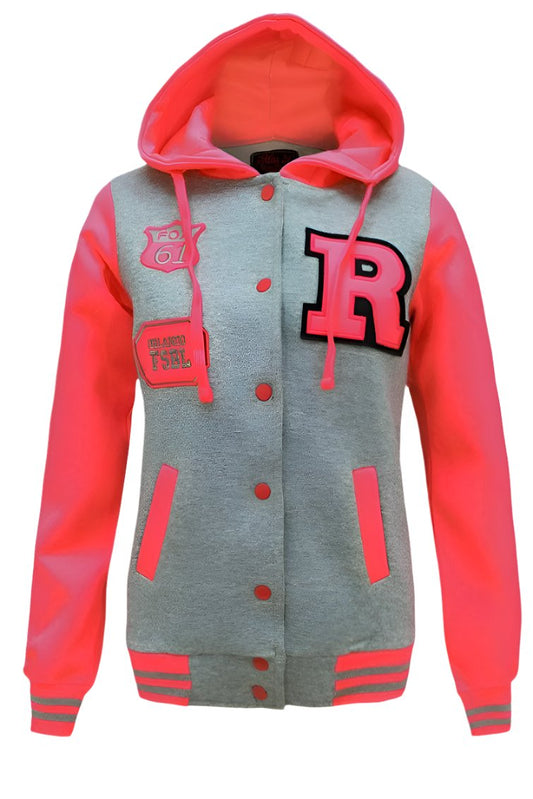 Ladies Silver Grey & Neon Pink Varsity Jacket.
