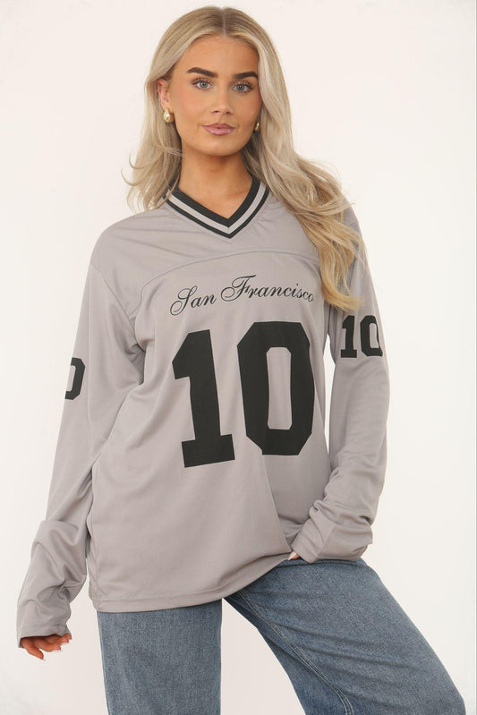Oversized Long Sleeve Sports Football Jersey V-neck T-shirt