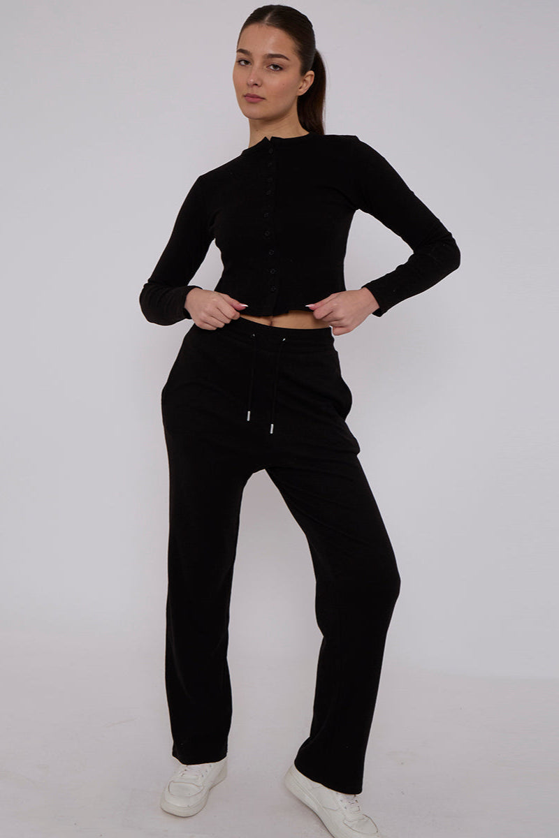 Ribbed Front Button Detail Cardigan Top & Wide Leg Trouser Set