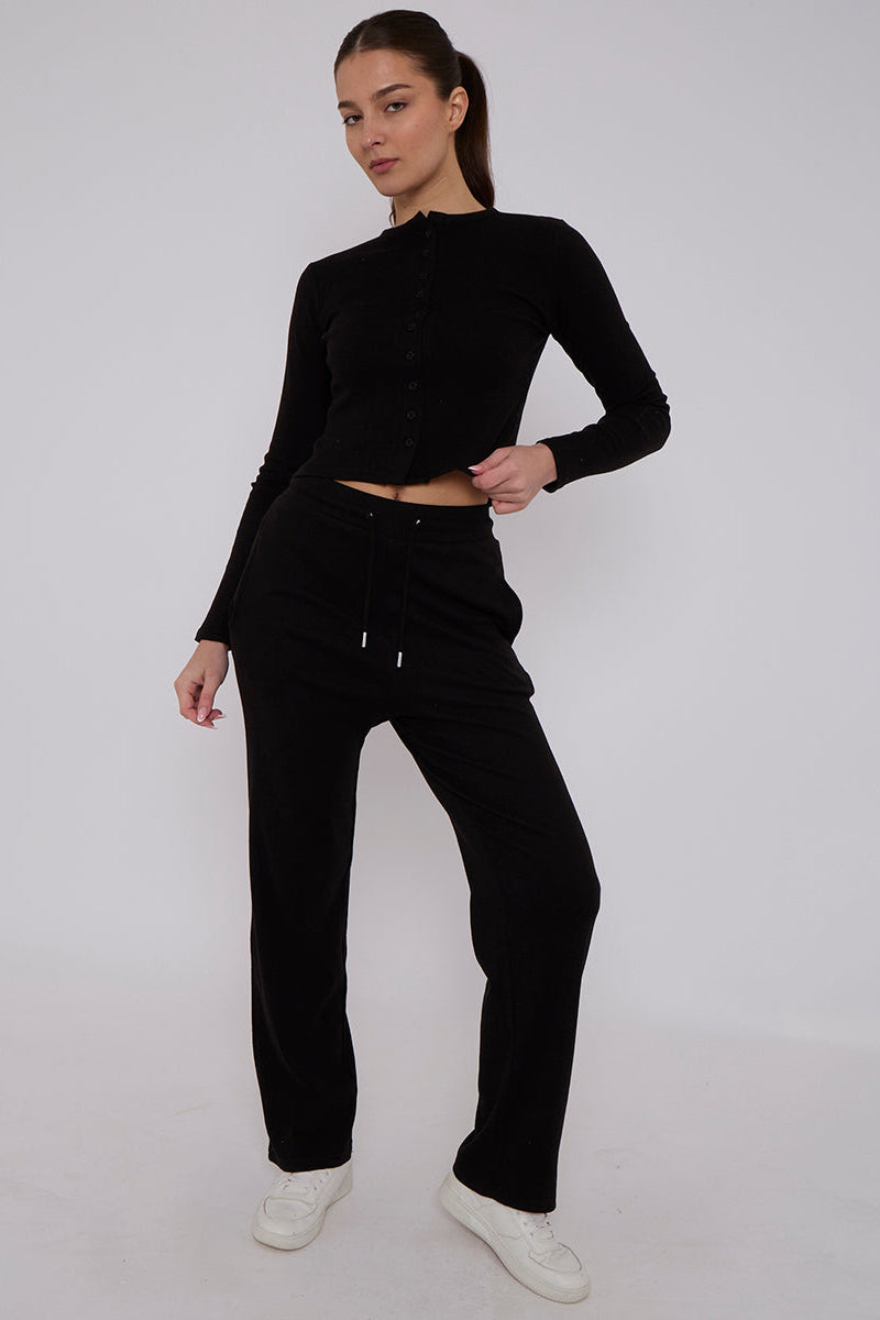 Ribbed Front Button Detail Cardigan Top & Wide Leg Trouser Set