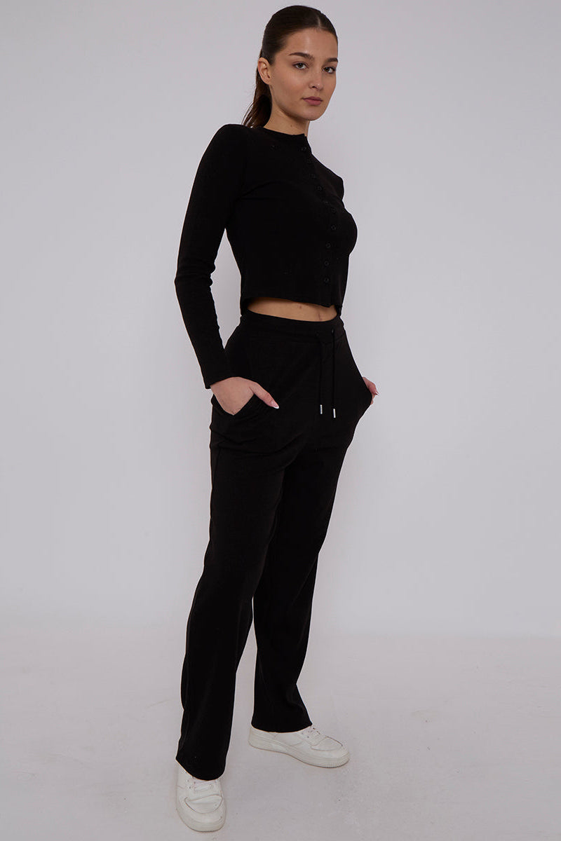 Ribbed Front Button Detail Cardigan Top & Wide Leg Trouser Set