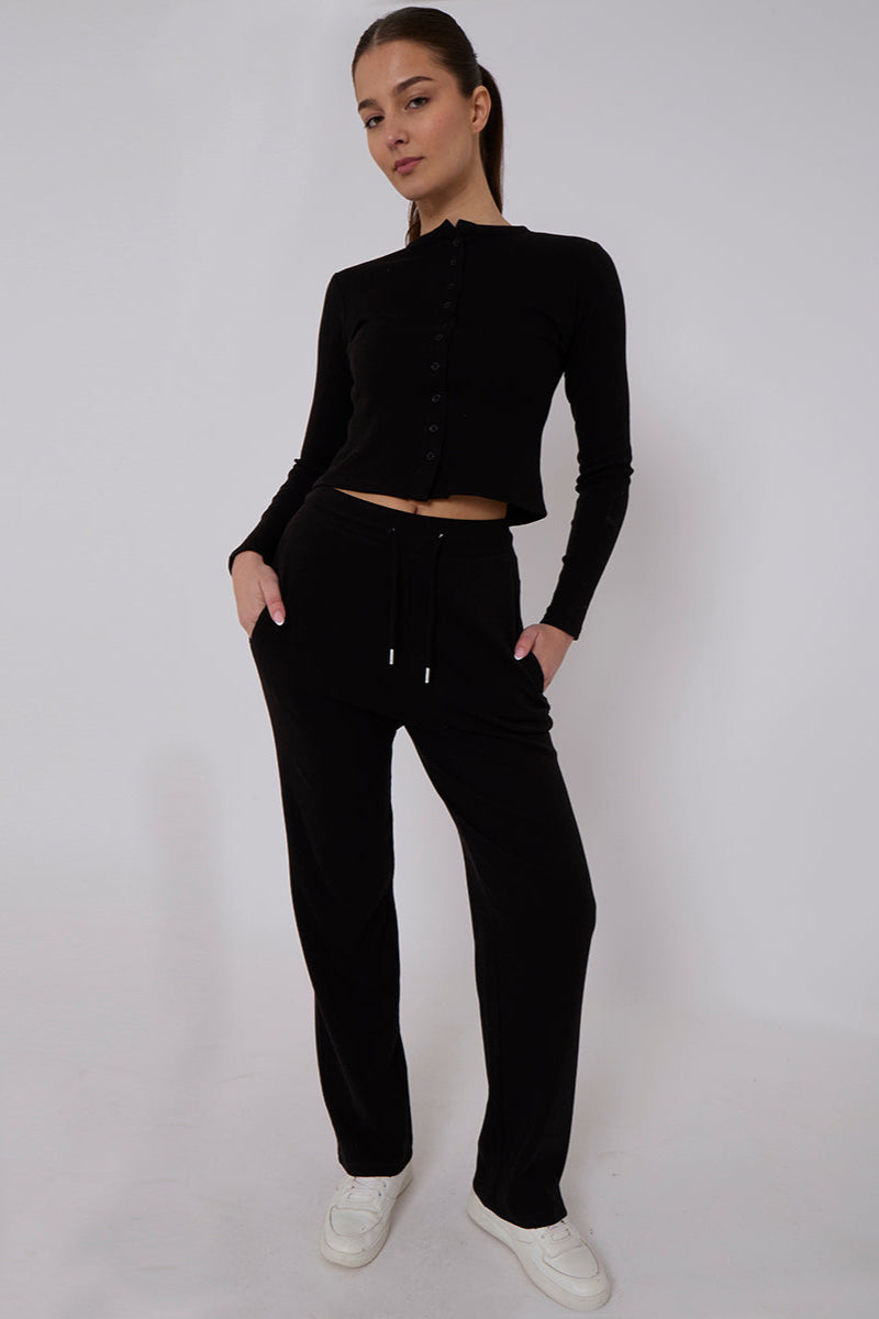 Ribbed Front Button Detail Cardigan Top & Wide Leg Trouser Set