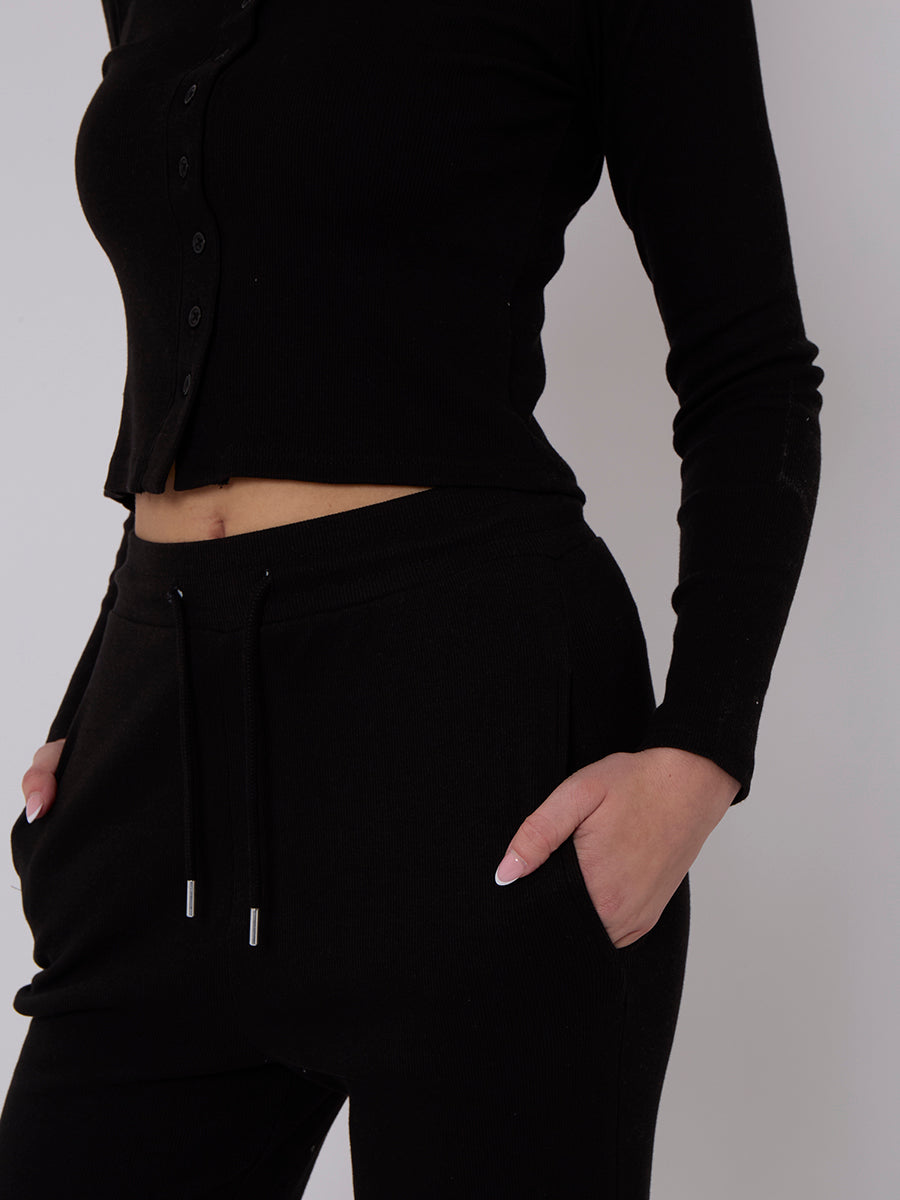 Ribbed Front Button Detail Cardigan Top & Wide Leg Trouser Set