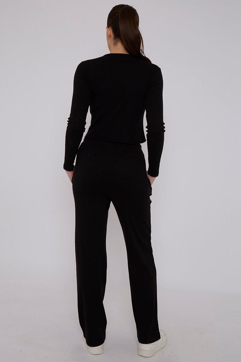 Ribbed Front Button Detail Cardigan Top & Wide Leg Trouser Set