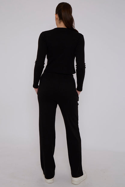 Ribbed Front Button Detail Cardigan Top & Wide Leg Trouser Set