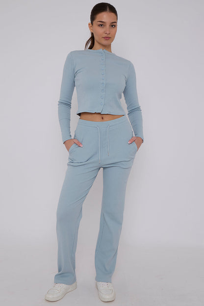 Ribbed Front Button Detail Cardigan Top & Wide Leg Trouser Set