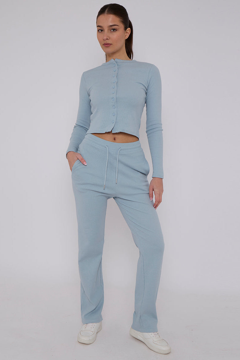 Ribbed Front Button Detail Cardigan Top & Wide Leg Trouser Set