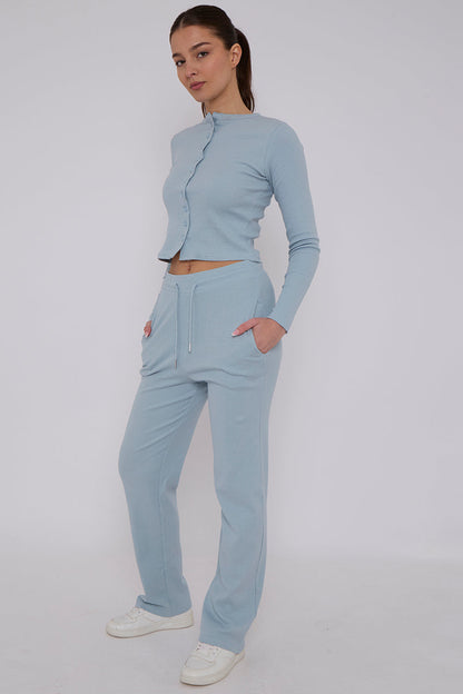 Ribbed Front Button Detail Cardigan Top & Wide Leg Trouser Set