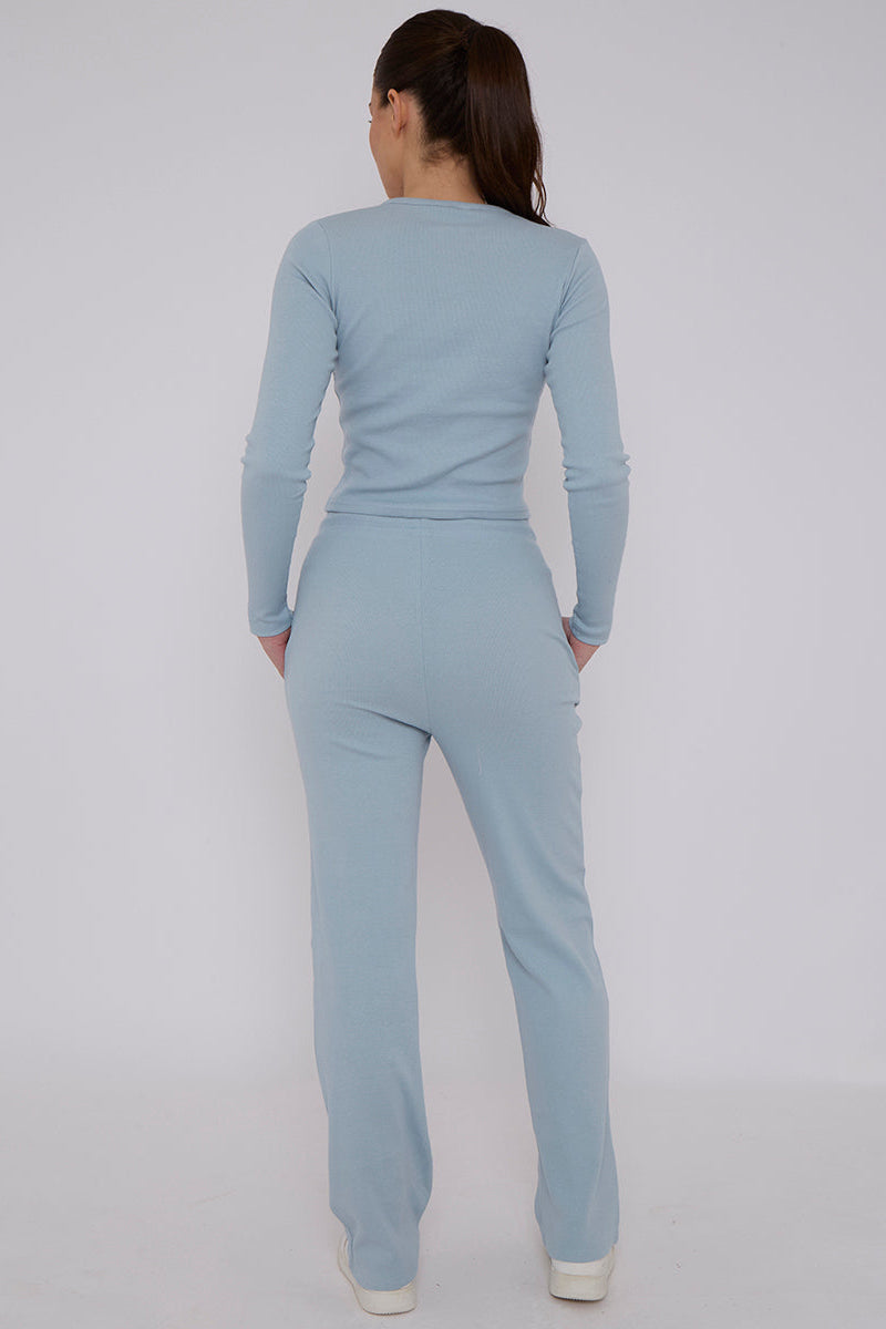 Ribbed Front Button Detail Cardigan Top & Wide Leg Trouser Set