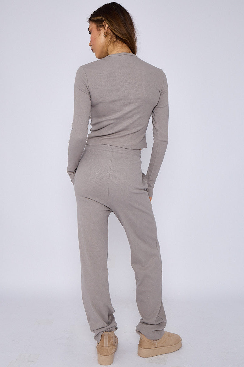 Ribbed Front Button Detail Cardigan Top & Wide Leg Trouser Set