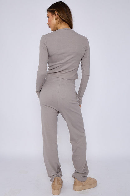 Ribbed Front Button Detail Cardigan Top & Wide Leg Trouser Set
