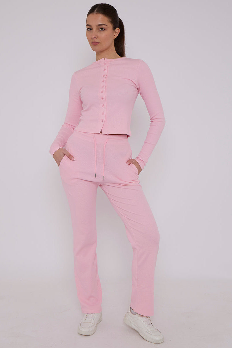 Ribbed Front Button Detail Cardigan Top & Wide Leg Trouser Set