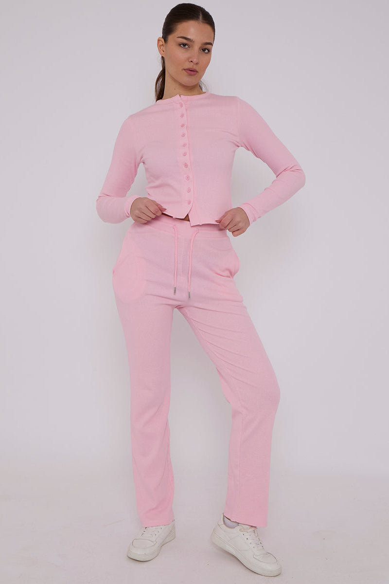 Ribbed Front Button Detail Cardigan Top & Wide Leg Trouser Set