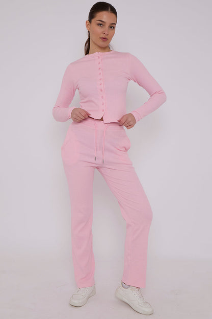 Ribbed Front Button Detail Cardigan Top & Wide Leg Trouser Set