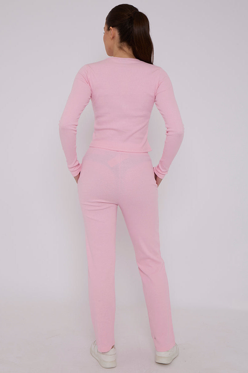 Ribbed Front Button Detail Cardigan Top & Wide Leg Trouser Set