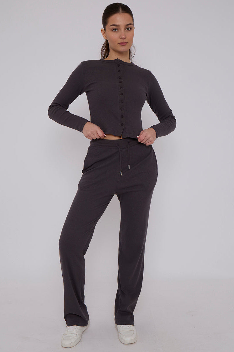 Ribbed Front Button Detail Cardigan Top & Wide Leg Trouser Set