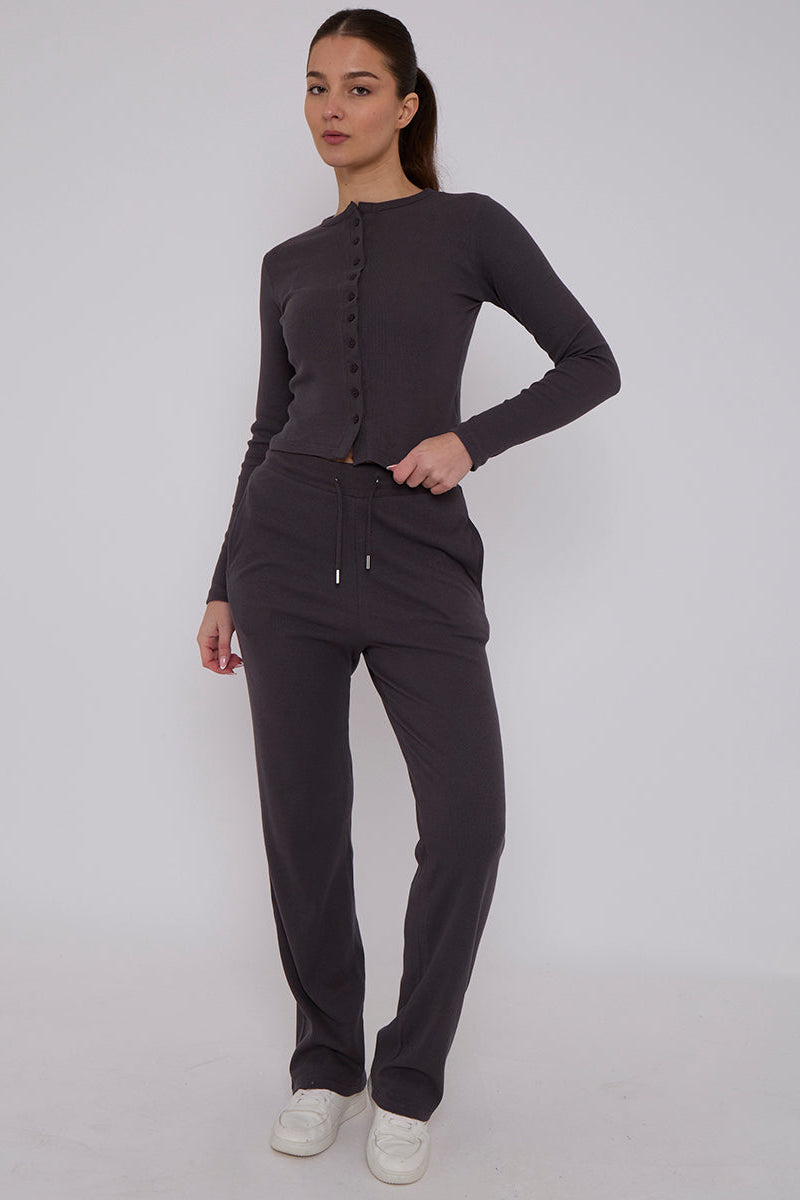 Ribbed Front Button Detail Cardigan Top & Wide Leg Trouser Set