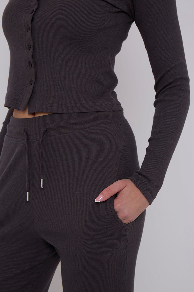 Ribbed Front Button Detail Cardigan Top & Wide Leg Trouser Set