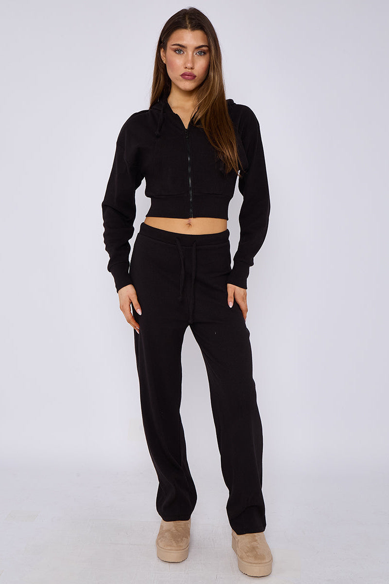 Soft Ribbed Full Zip Hoodie & Wide Leg Trouser Tracksuit
