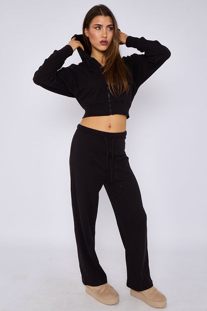 Soft Ribbed Full Zip Hoodie & Wide Leg Trouser Tracksuit