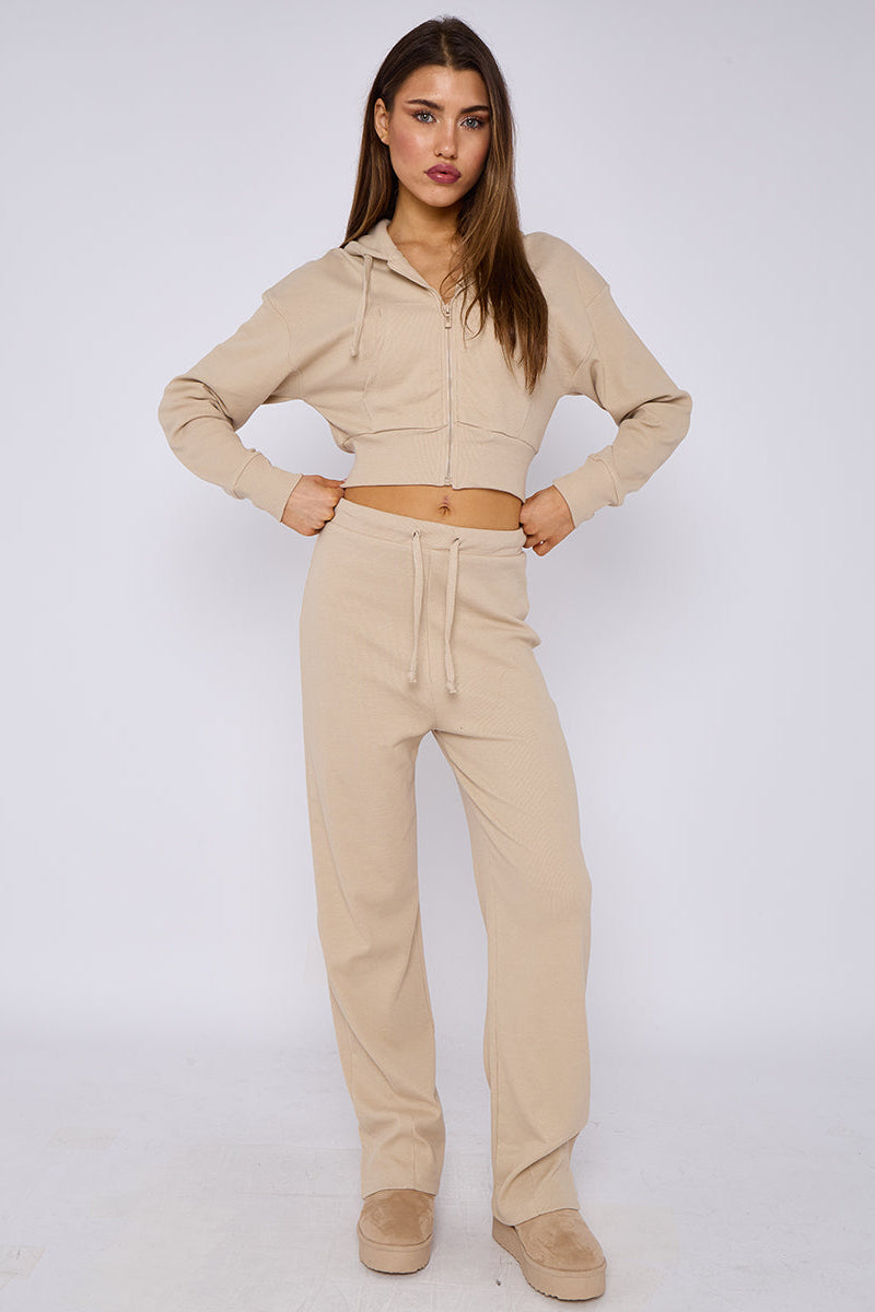 Soft Ribbed Full Zip Hoodie & Wide Leg Trouser Tracksuit