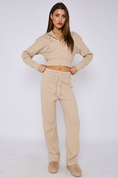 Soft Ribbed Full Zip Hoodie & Wide Leg Trouser Tracksuit
