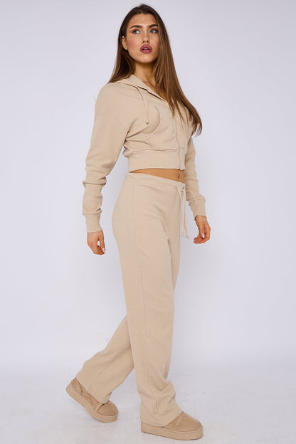Soft Ribbed Full Zip Hoodie & Wide Leg Trouser Tracksuit