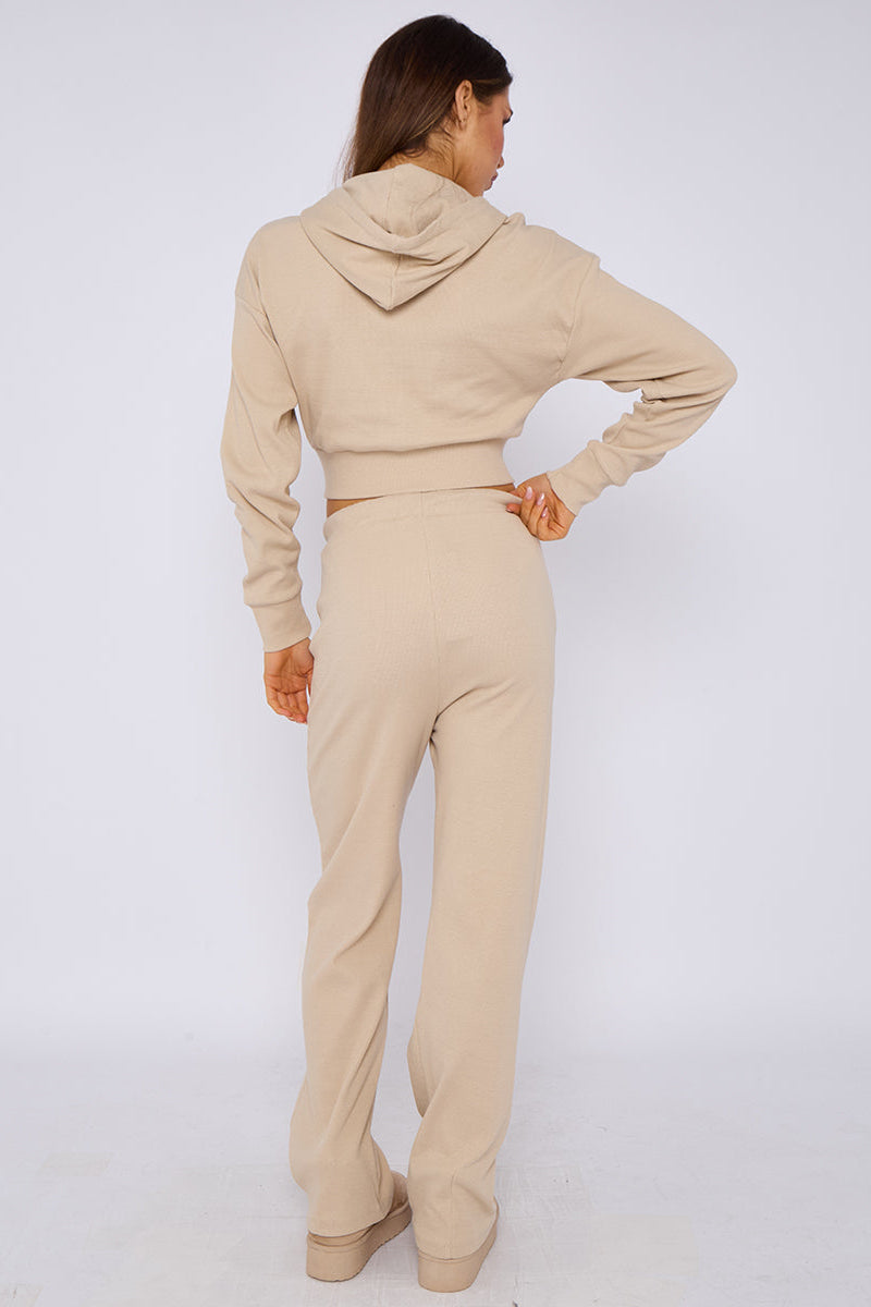 Soft Ribbed Full Zip Hoodie & Wide Leg Trouser Tracksuit