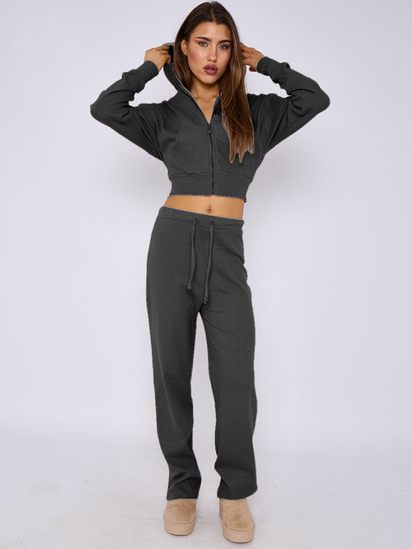 Soft Ribbed Full Zip Hoodie & Wide Leg Trouser Tracksuit