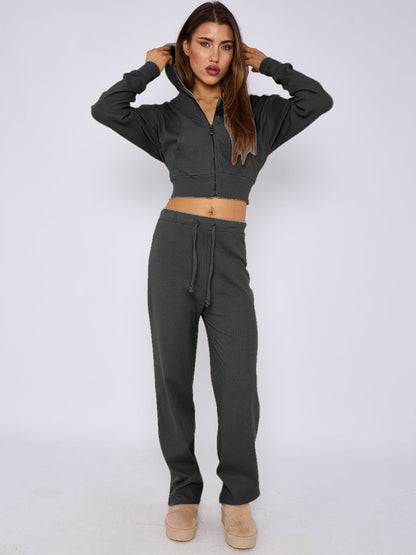 Soft Ribbed Full Zip Hoodie & Wide Leg Trouser Tracksuit