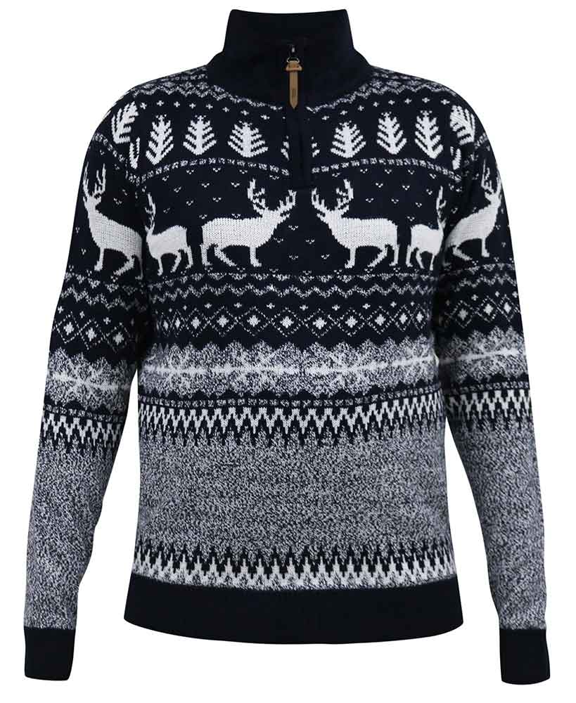 Duke D555 1/4 Zip Reindeer All-Over Print Knit Christmas Sweater