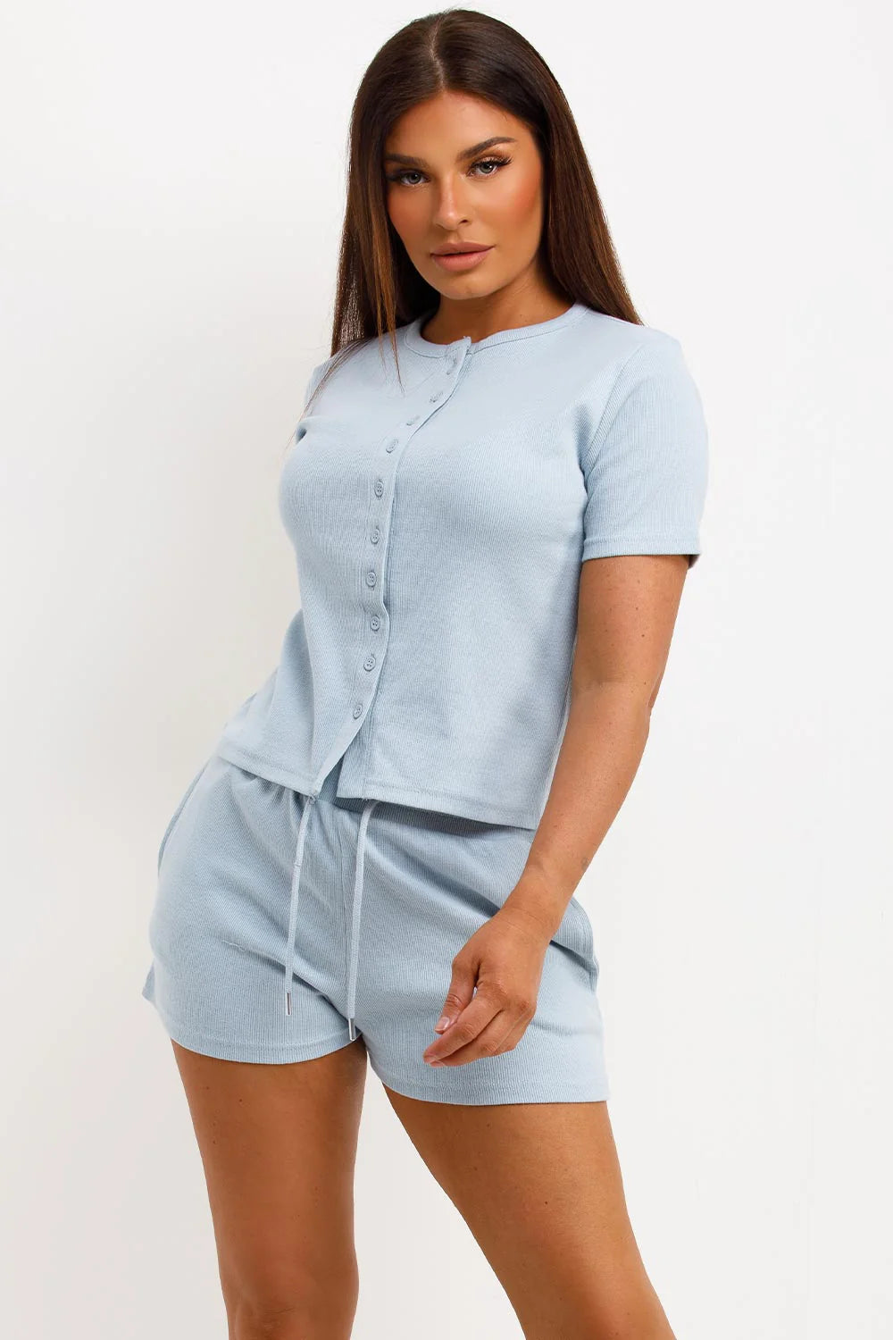 Ribbed Button Up Top And Shorts Set
